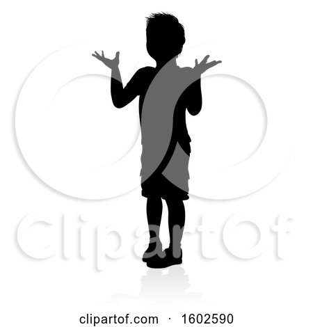 Clipart of a Silhouetted Child Shrugging, with a Shadow, on a White Background - Royalty Free Vector Illustration by AtStockIllustration