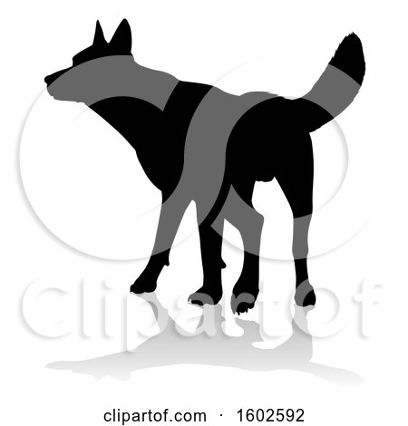 Clipart of a Silhouetted German Shepherd Dog, with a Reflection or Shadow, on a White Background - Royalty Free Vector Illustration by AtStockIllustration