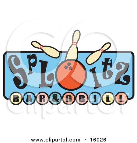 Bowling Pins Being Knocked Over By A Ball On A Splitz Bar And Grill Sign Clipart Illustration by Andy Nortnik