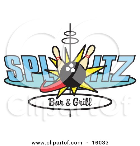Black Bowling Ball Hitting Pins On A Splits Bar And Grill Sign Clipart Illustration by Andy Nortnik