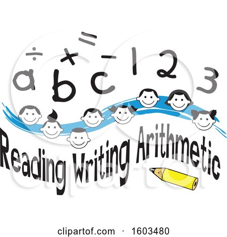 Clipart of a Blue Wave with Faces of Happy Children Math Symbols Numbers Letters and Reading Writing Arithmetic Text - Royalty Free Vector Illustration by Johnny Sajem