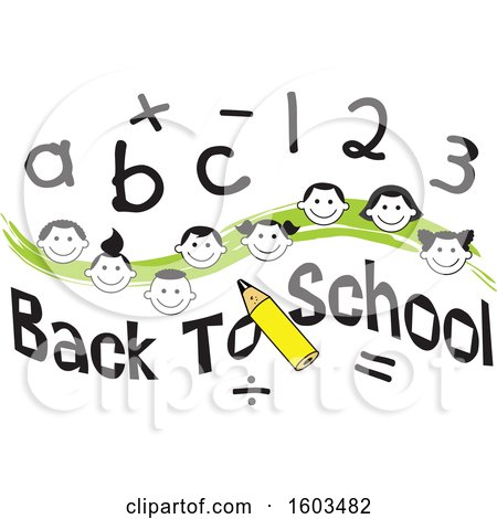 Clipart of a Green Wave with Faces of Happy Children with Numbers and Letters over Back to School Text - Royalty Free Vector Illustration by Johnny Sajem
