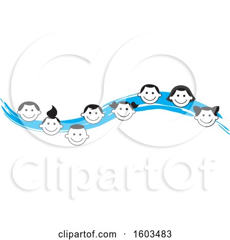 Clipart of a Blue Wave with Faces of Happy Children - Royalty Free Vector Illustration by Johnny Sajem