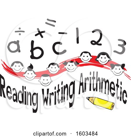 Clipart of a Red Wave with Faces of Happy Children Math Symbols Numbers Letters and Reading Writing Arithmetic Text - Royalty Free Vector Illustration by Johnny Sajem