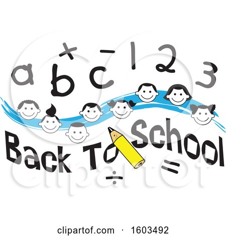 Clipart of a Blue Wave with Faces of Happy Children with Numbers and Letters over Back to School Text - Royalty Free Vector Illustration by Johnny Sajem