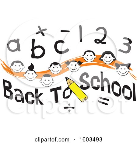 Clipart of an Orange Wave with Faces of Happy Children with Numbers and Letters over Back to School Text - Royalty Free Vector Illustration by Johnny Sajem