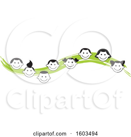 Clipart of a Green Wave with Faces of Happy Children - Royalty Free Vector Illustration by Johnny Sajem