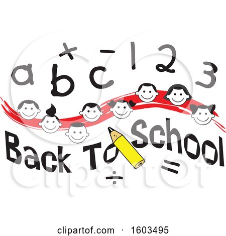 Clipart of a Red Wave with Faces of Happy Children with Numbers and Letters over Back to School Text - Royalty Free Vector Illustration by Johnny Sajem