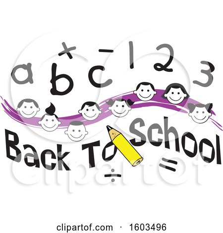 Clipart of a Purple Wave with Faces of Happy Children with Numbers and Letters over Back to School Text - Royalty Free Vector Illustration by Johnny Sajem