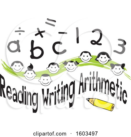 Clipart of a Green Wave with Faces of Happy Children Math Symbols Numbers Letters and Reading Writing Arithmetic Text - Royalty Free Vector Illustration by Johnny Sajem