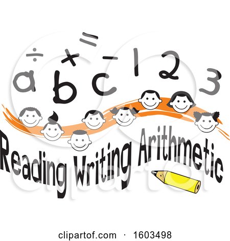 Clipart of an Orange Wave with Faces of Happy Children Math Symbols Numbers Letters and Reading Writing Arithmetic Text - Royalty Free Vector Illustration by Johnny Sajem