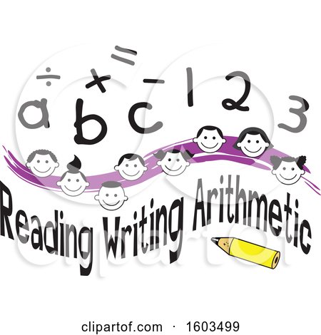 Clipart of a Purple Wave with Faces of Happy Children Math Symbols Numbers Letters and Reading Writing Arithmetic Text - Royalty Free Vector Illustration by Johnny Sajem