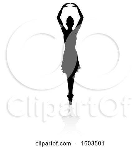 Clipart of a Silhouetted Ballerina Dancing, with a Reflection or Shadow, on a White Background - Royalty Free Vector Illustration by AtStockIllustration