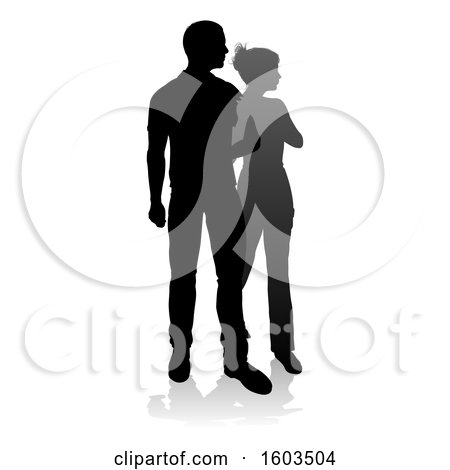 Clipart of a Silhouetted Couple, with a Reflection or Shadow, on a White Background - Royalty Free Vector Illustration by AtStockIllustration