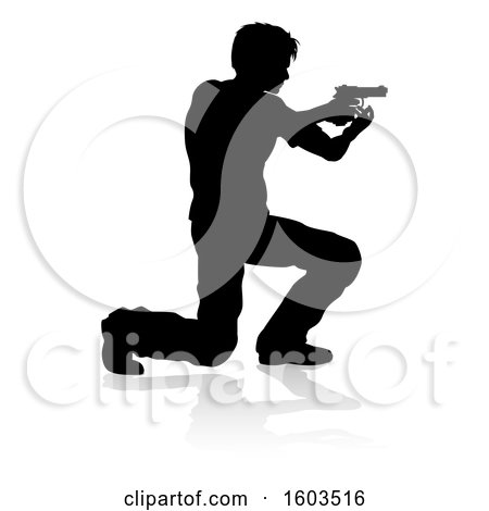 Clipart of a Silhouetted Actor or Shooter, with a Reflection or Shadow, on a White Background - Royalty Free Vector Illustration by AtStockIllustration