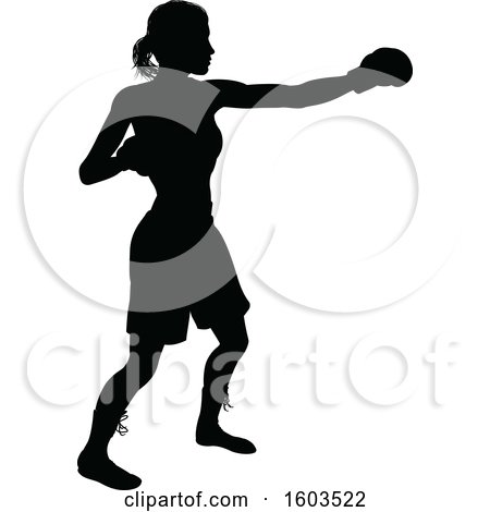 Clipart of a Black Silhouetted Female Boxer Fighter - Royalty Free Vector Illustration by AtStockIllustration