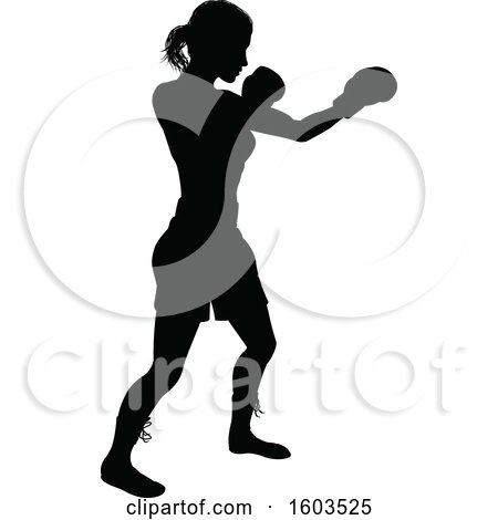 Clipart of a Black Silhouetted Female Boxer Fighter Wearing Safety Head Gear - Royalty Free Vector Illustration by AtStockIllustration