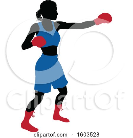 Clipart of a Black Silhouetted Female Boxer Fighter in a Blue Uniform with Red Shoes and Gloves - Royalty Free Vector Illustration by AtStockIllustration