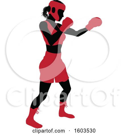 Clipart of a Black Silhouetted Female Boxer Fighter in a Red Uniform - Royalty Free Vector Illustration by AtStockIllustration