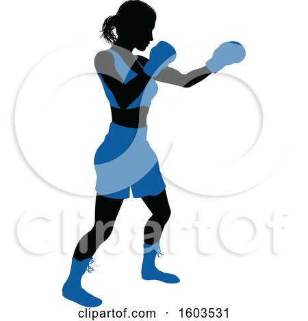 Clipart of a Black Silhouetted Female Boxer Fighter in a Blue Uniform - Royalty Free Vector Illustration by AtStockIllustration