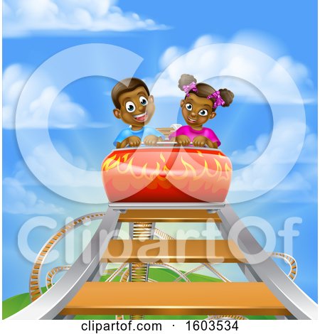 Clipart of a Happy Black Boy and Girl at the Top of a Roller Coaster Ride, Against a Blue Sky with Clouds - Royalty Free Vector Illustration by AtStockIllustration