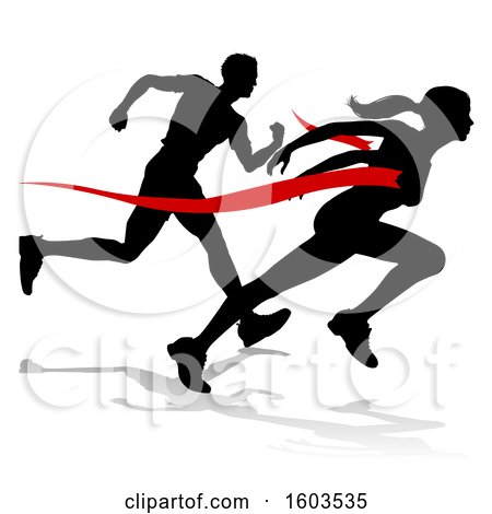 Clipart of a Black Silhouetted Female Runner Breaking Through a Red Finish Line and Competing with a Man, with a Shadow - Royalty Free Vector Illustration by AtStockIllustration
