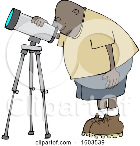 Clipart of a Cartoon Black Male Astronomer Looking Through a Telescope - Royalty Free Vector Illustration by djart