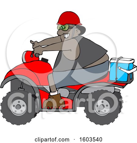 Clipart of a Cartoon Black Man Riding a Red ATV with an Ice Box on the Back - Royalty Free Vector Illustration by djart