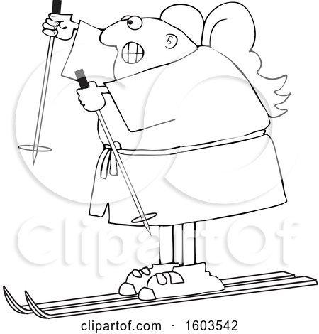 Clipart of a Cartoon Lineart Black Male Angel Skiing - Royalty Free Vector Illustration by djart