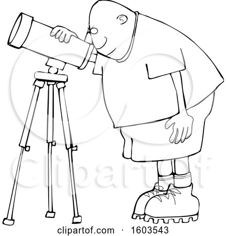 Clipart of a Cartoon Lineart Black Male Astronomer Looking Through a Telescope - Royalty Free Vector Illustration by djart