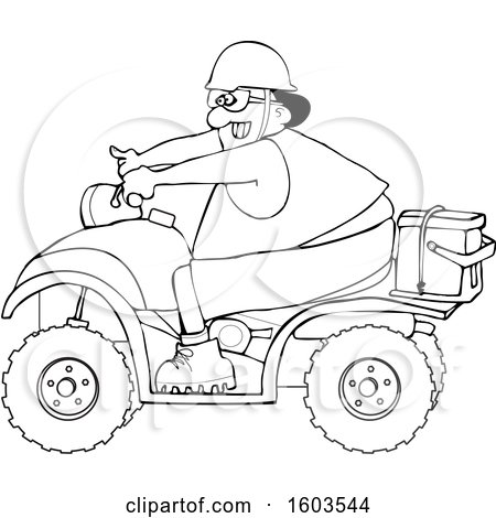 Clipart of a Cartoon Lineart Black Man Riding a Red ATV with an Ice Box on the Back - Royalty Free Vector Illustration by djart