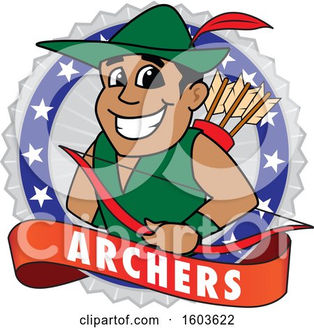 Clipart of a Male Archer School Mascot Character in a Badge with a Banner - Royalty Free Vector Illustration by Mascot Junction