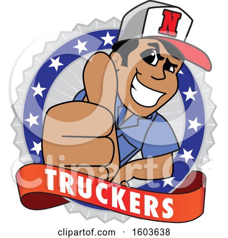Clipart of a Male Trucker Mascot Character Giving a Thumb up over a Banner and Badge - Royalty Free Vector Illustration by Mascot Junction