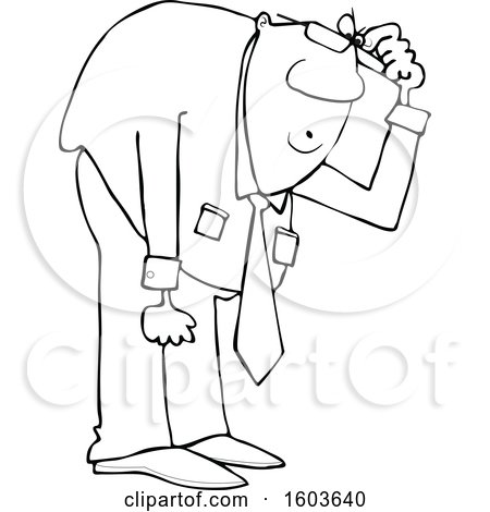 Clipart of a Cartoon Lineart Black Business Man Bending over to Look at Something - Royalty Free Vector Illustration by djart