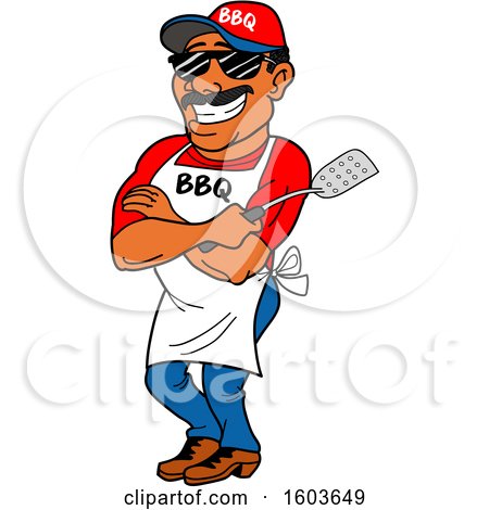 Clipart of a Black Man Holding a Spatula in Folded Arms and Leaning Against a Bbq Smoker - Royalty Free Vector Illustration by LaffToon