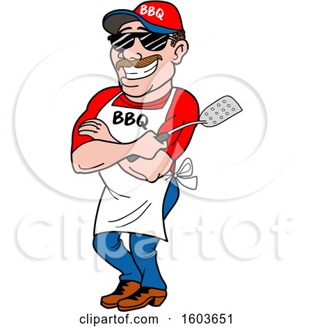Clipart of a White Man Holding a Spatula in Folded Arms and Leaning Against a Bbq Smoker - Royalty Free Vector Illustration by LaffToon