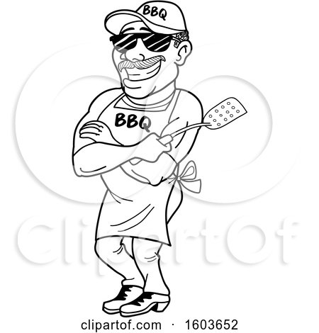 Clipart of a Lineart Man Holding a Spatula in Folded Arms - Royalty Free Vector Illustration by LaffToon