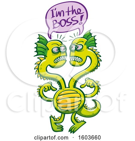 Clipart of a Cartoon Two Headed Green Monster Defining Who the Boss Is - Royalty Free Vector Illustration by Zooco