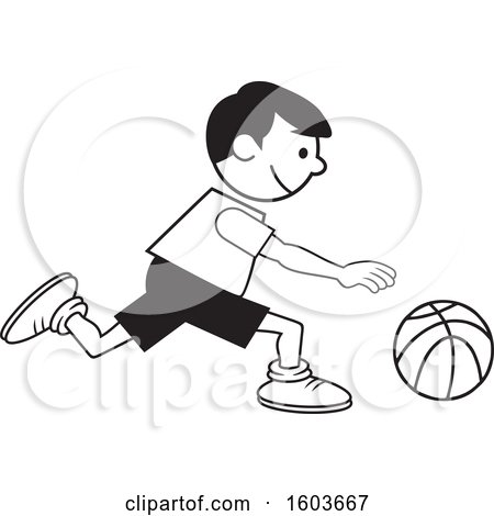 Clipart of a Black and White Boy Dribbling a Basketball - Royalty Free Vector Illustration by Johnny Sajem