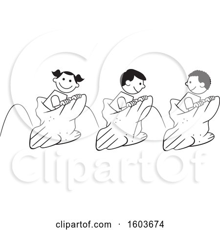 Clipart of a Girl and Boys Hopping in a Field Day Potato Sack Race - Royalty Free Vector Illustration by Johnny Sajem