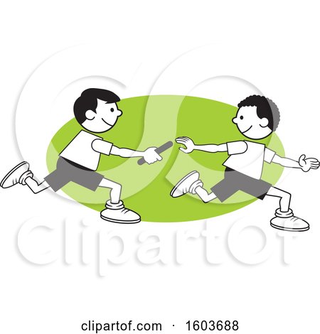 Clipart of Boys Passing a Baton in a Relay Race over a Green Oval - Royalty Free Vector Illustration by Johnny Sajem