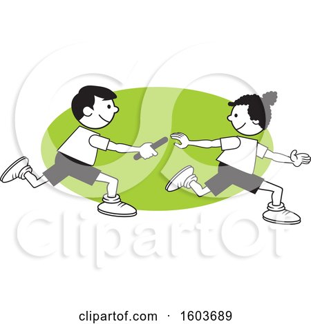 Clipart of a Boy and Girl Passing a Baton in a Relay Race over a Green Oval - Royalty Free Vector Illustration by Johnny Sajem