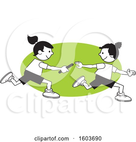Clipart of Girls Passing a Baton in a Relay Race over a Green Oval - Royalty Free Vector Illustration by Johnny Sajem