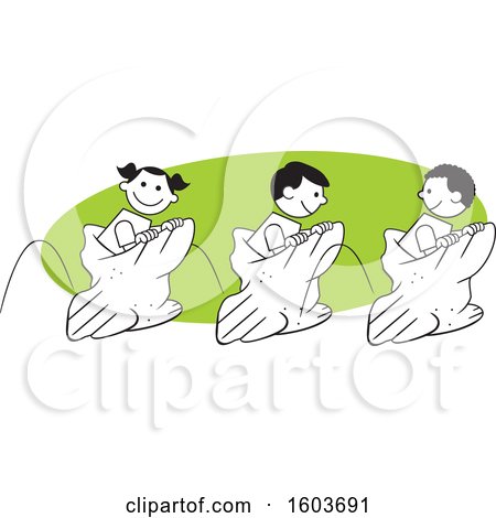 Clipart of a Girl and Boys Hopping in a Field Day Potato Sack Race over a Green Oval - Royalty Free Vector Illustration by Johnny Sajem