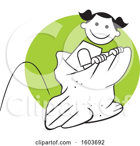 Clipart of a Girl Hopping in a Field Day Potato Sack Race over a Green Circle - Royalty Free Vector Illustration by Johnny Sajem