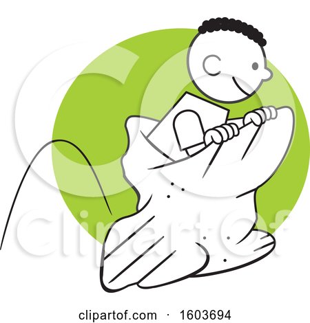 Clipart of a Black Boy Hopping in a Field Day Potato Sack Race over a Green Circle - Royalty Free Vector Illustration by Johnny Sajem