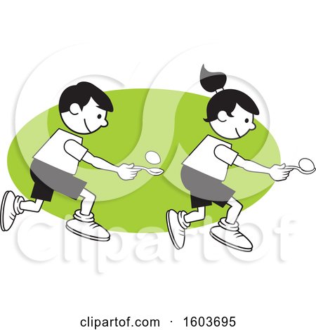 Clipart of a Boy and Girl During a Field Day Egg and Spoon Race over a Green Oval - Royalty Free Vector Illustration by Johnny Sajem