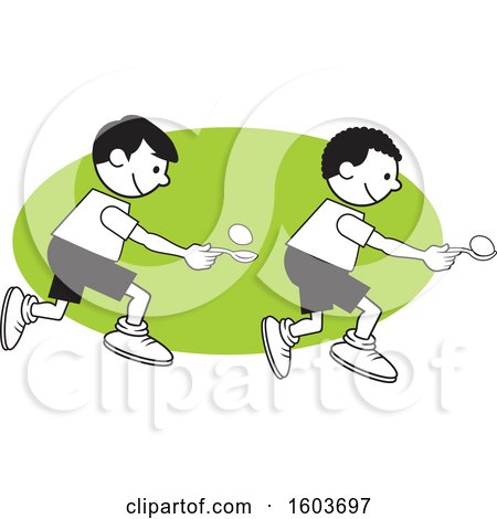 Clipart of Boys During a Field Day Egg and Spoon Race over a Green Oval - Royalty Free Vector Illustration by Johnny Sajem