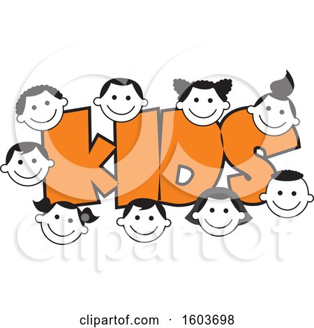 Clipart of the Word Kids in Orange Surrounded by Faces of Children - Royalty Free Vector Illustration by Johnny Sajem