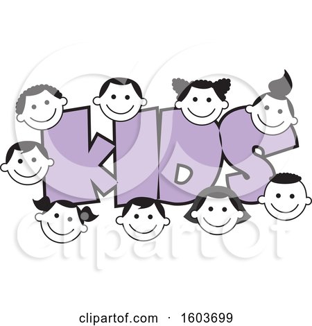 Clipart of the Word Kids in Purple Surrounded by Faces of Children - Royalty Free Vector Illustration by Johnny Sajem